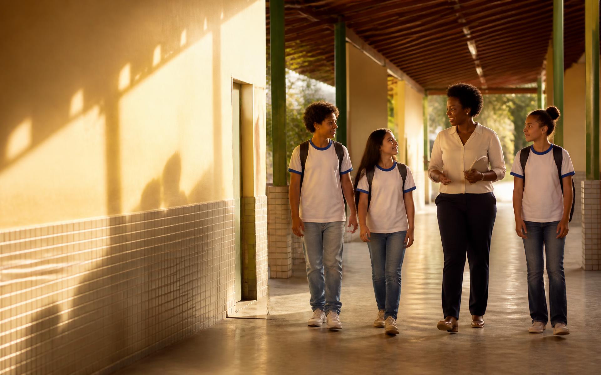Educadora e estudantes caminhando por um corredor escolar iluminado pela luz da manhã